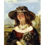 James John Hill (1811-1882) - Oil painting - Half-length portrait of a young girl holding a dog