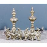 A pair of plated metal and steel andirons of "17th Century" design, the knopped fronts with bold