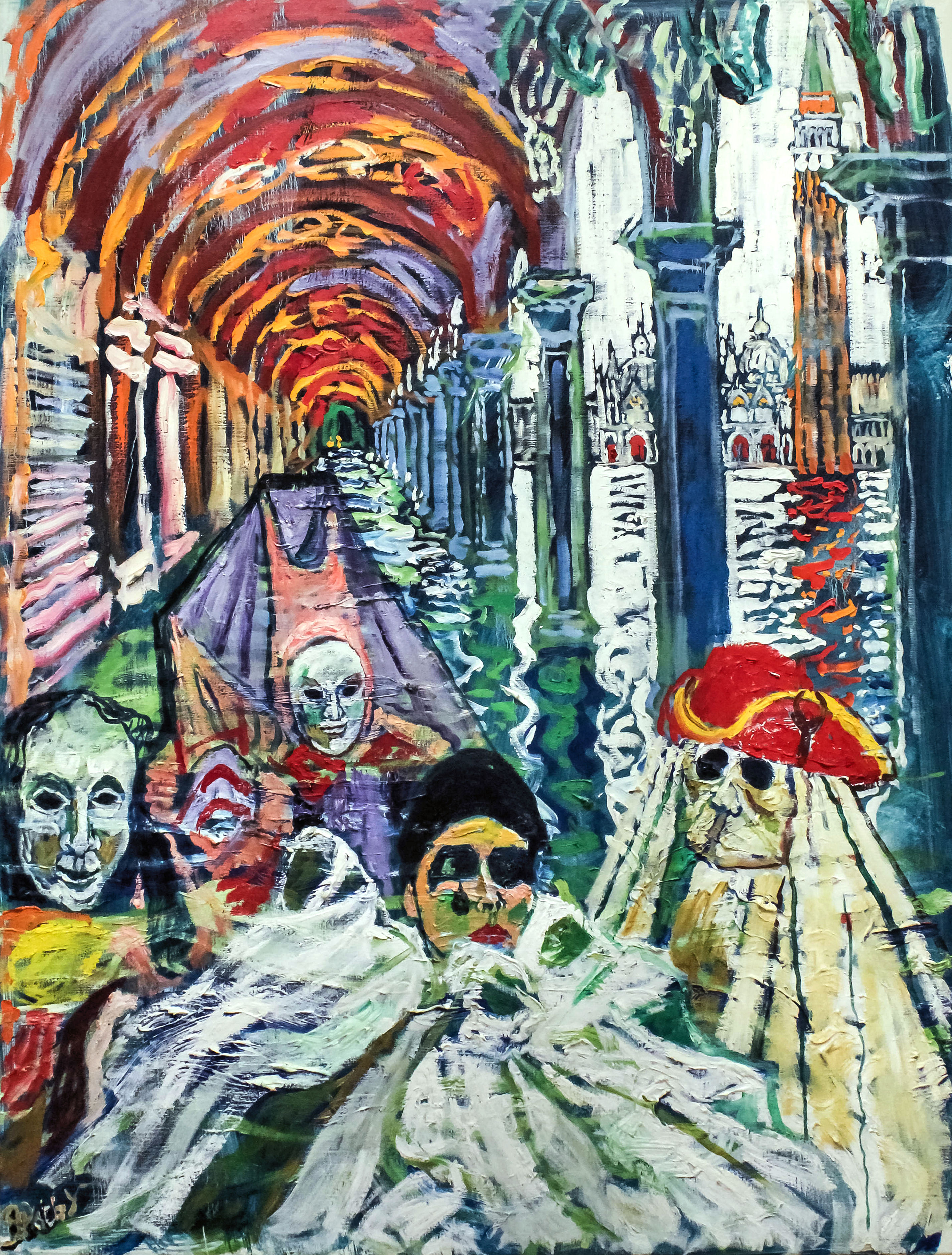 ARR John Bratby (1928-1992) - Oil painting - "Carnival Characters in Flooded St. Mark's Square,