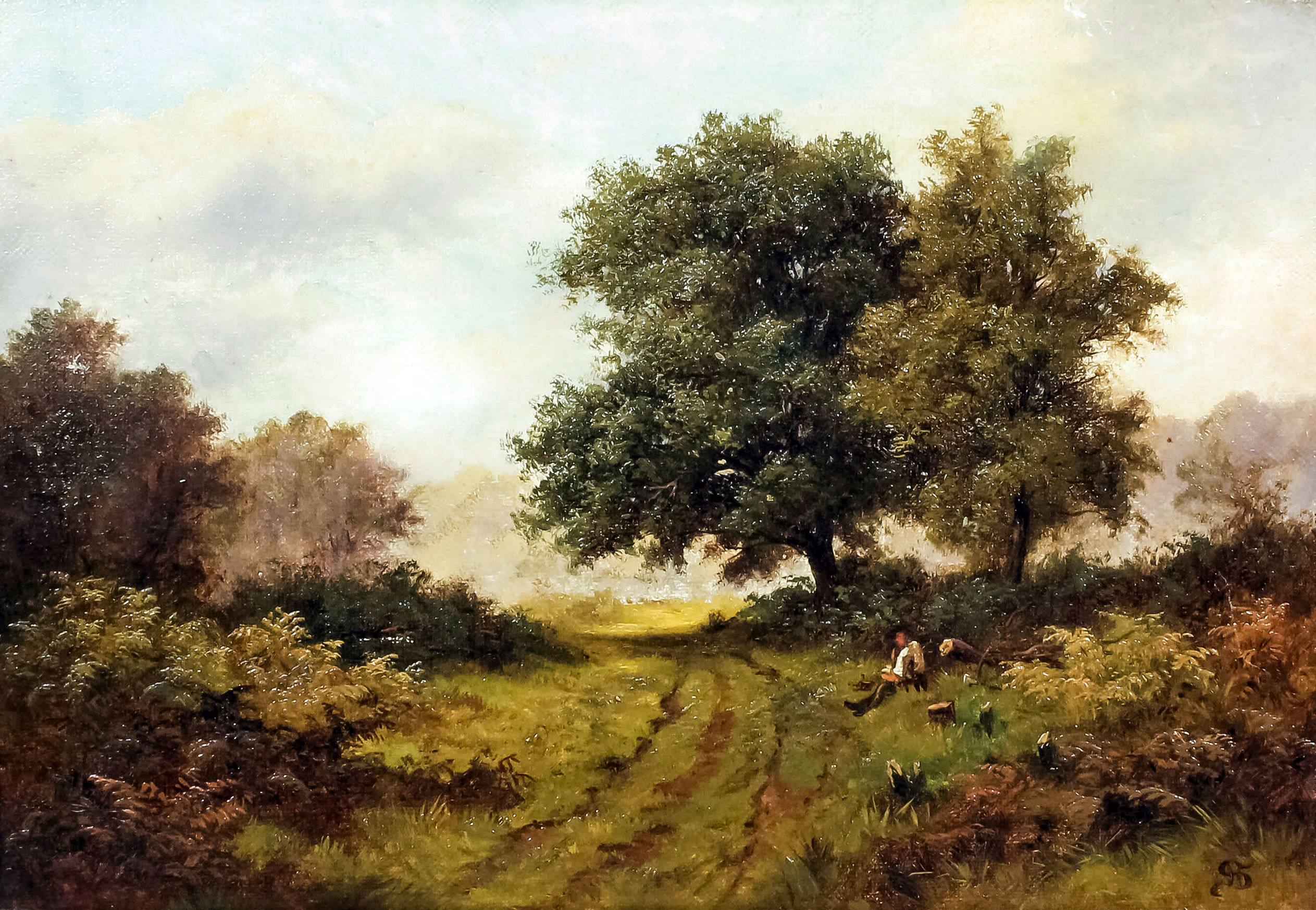 S.H. (19th Century) - Pair of oil paintings - Country landscapes, each with a figure resting on a - Image 2 of 2