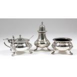 An Elizabeth II silver circular three piece condiment set with gadroon mounts, on lions mask and paw