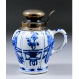 A Chinese blue and white silvery metal mounted porcelain mustard pot, the sides painted with figures