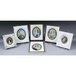 Six 20th Century French oval miniature portraits in "Piano Key" rectangular frames, including - King