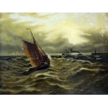 19th Century English school - Oil painting - Marine scene with vessels in a choppy sea off a harbour
