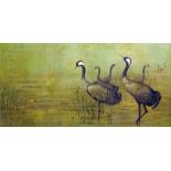 ***Helene Whitwell (20th Century school) - Lacquer panel decorated with five cranes amongst reeds,