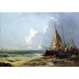 A 19th Century English school - Beach scene with fishing boats and chalk headland to distance,