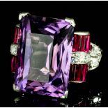 A 1920's silvery coloured metal mounted amethyst, ruby, and diamond set ring, the rectangular