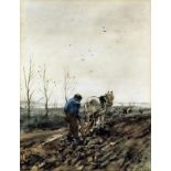 Jacob Henricus Maris (1837-1899) - Watercolour - Single figure and horse ploughing in a winter