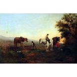After William Shayer (1786-1879) - Oil painting - "Evening" - Plough horses returning, canvas 11.