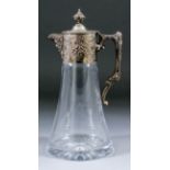 A late 19th/early 20th Century glass and plated mounted claret jug of tapered form, the mounts