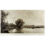 Lucien Gautier (1850-1935) - Engraving - River landscape with boats, 21.5ins x 11ins, signed in a