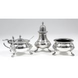 An Elizabeth II silver circular three piece condiment set with gadroon mounts, on lions mask and paw