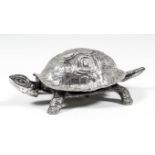 A George V silver and plated metal table bell in the form of a tortoise, the silver carapace by Grey