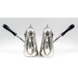 Two late Victorian/Edward VII silver side handled chocolate pots with domed covers, plain tapered