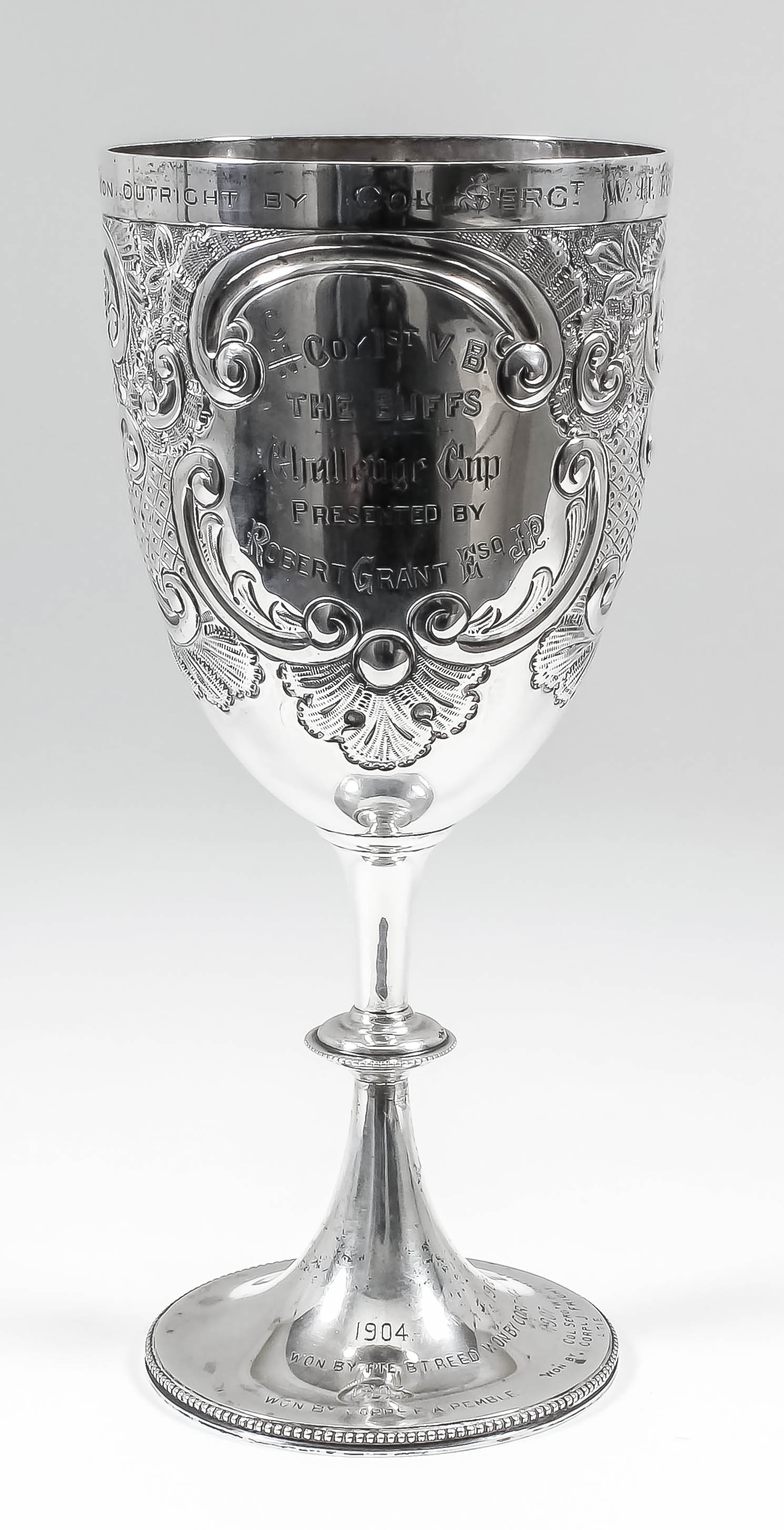 An Edward VII silver prize cup - "C.N. Coy. 1st V.B. The Buffs Challenge Cup", the whole embossed