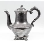 A Victorian silver coffee pot with circular drop waisted body, artichoke pattern finial, C-scroll