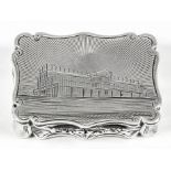 A Victorian silver rectangular vinaigrette with shaped and moulded edge, lid engraved with a view of