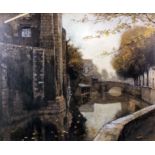 Henri Jourdain (1864-1931) - Pastel - Autumnal river scene in town with twin arch bridge to