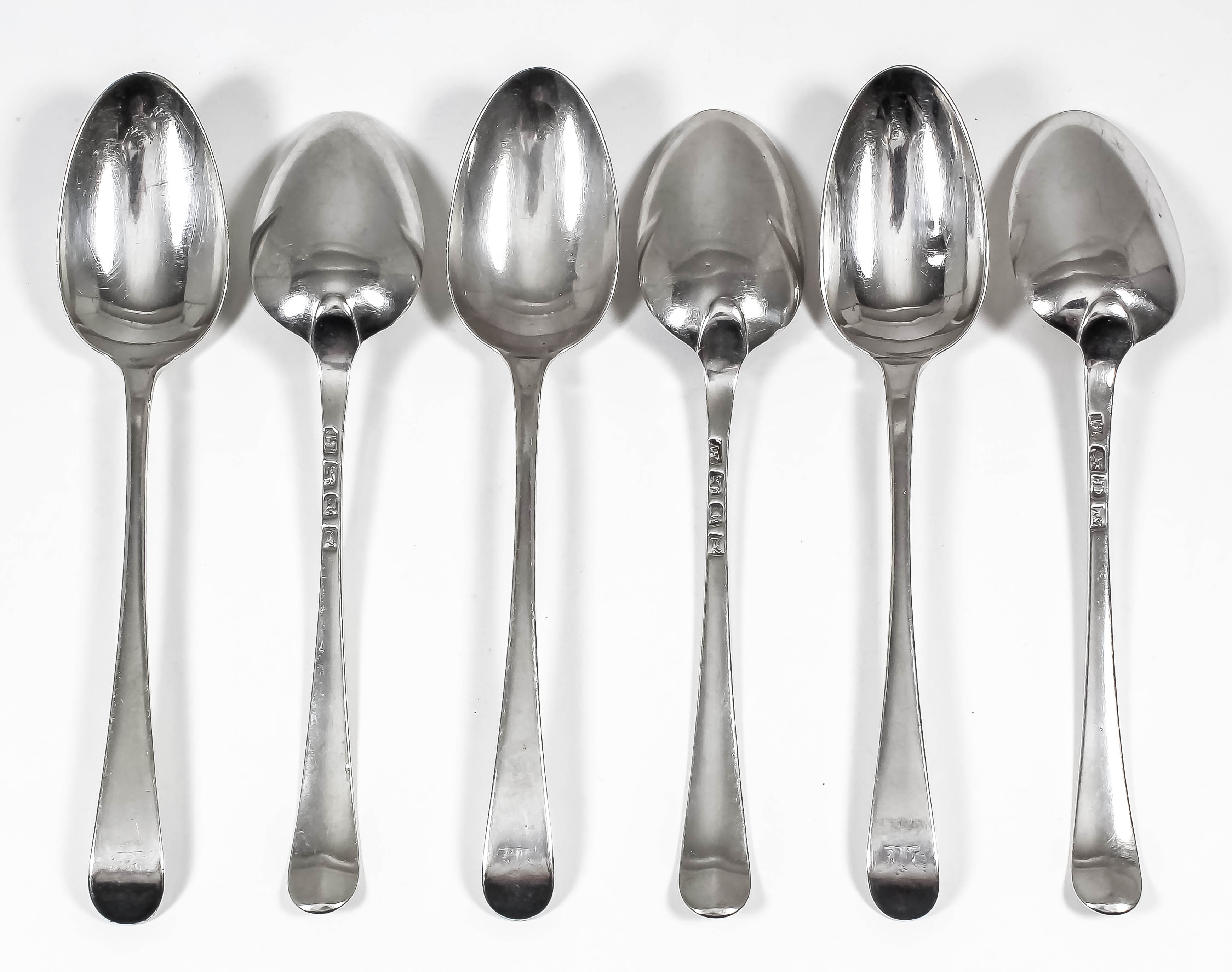 Five George III silver tablespoons by James Tookey, London 1766, and one other matched spoon (weight