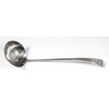 An 18th Century silver soup ladle with plain circular bowl, possibly Newcastle 1736 but incompletely