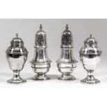 A pair of George IV silver urn pattern sugar castors with reeded mounts, on circular footrims, 5.