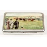 A late Victorian silver and enamel rectangular vesta case, the lid enamelled in colours with a