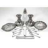 A pair of Elizabeth II silver circular pillar candlesticks with bead mounts, 4.5ins high, by