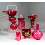 A collection of cranberry glass, including - vase with frill neck, 10.25ins, cylindrical jar and