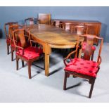 A Chinese hardwood dining suite with plain flush panelled tops and on square legs, comprising - D-