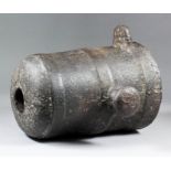 An early 2ins bore cast iron mortar barrel, the 12ins barrel with cast trunnions stamped to the