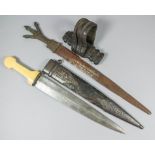 A good early 19th Century Kinjal dagger, with 12ins double edged bright steel blade, bone hilt, with