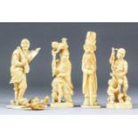 Four Japanese carved ivory Okimono carved as standing figures, including elderly bearded sage