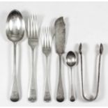 A late Victorian silver "Old English" pattern part table service, comprising - one serving spoon,