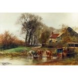 Henry Charles Fox (1855/60-1929) - Watercolour - Cattle watering in a ford with cottage to