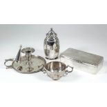 A late Victorian silver circular chamber candlestick with moulded rims and scroll handle, 6.25ins