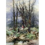 Thomas Dingle (1864-1888) - Watercolour - River landscape with three figures climbing over a masonry