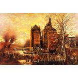 ***Tom Keating (1917-1984) - Acrylic - "Dedham Mill, Sunset" - Sunset view of the mill with