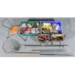 A large collection of mainly fly fishing tackle, including a Hardy Brothers folding landing net, two