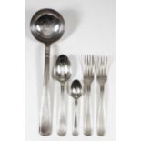 A Continental Alfenide silvery metal table service with angled moulded handles, comprising -