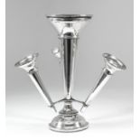 A George V silver epergne with bead mounts, the central trumpet shaped vase on circular base (
