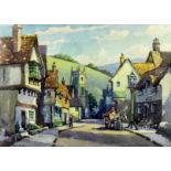 ***George Ayling (1887-1960) - Watercolour - Village street scene with horse and cart, and hills