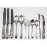 Six George III silver table spoons by S J, London 1767 (crested - rubbed), one other pair of