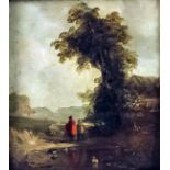19th Century British school - Oil painting - Rural landscape with figures on a path, with pond to