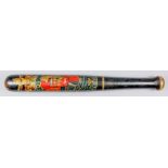 A Georgian turned wood truncheon, painted with crown over royal coat of arms within garter and "