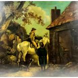 After George Morland (1763-1804) - Oil painting - "The Turnpike" - Horseman and hound with toll