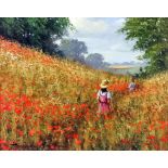 ***Terence Macklin (20th/21st Century) - Oil painting - Two young girls in a field of poppies on a