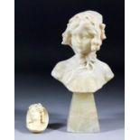 A late 19th Century Continental carved alabaster bust of a young, on pyramidal base, 9.75ins high,