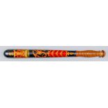 A Victorian turned wood truncheon, painted with crown over "VR", over shield of three chevrons on