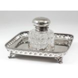 A Dutch silvery meta; square ink stand and silvery metal mounted circular hobnail cut glass inkwell,