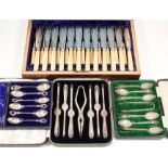 A set of twelve late Victorian plated and bone handled fish knives and fish forks, with engraved